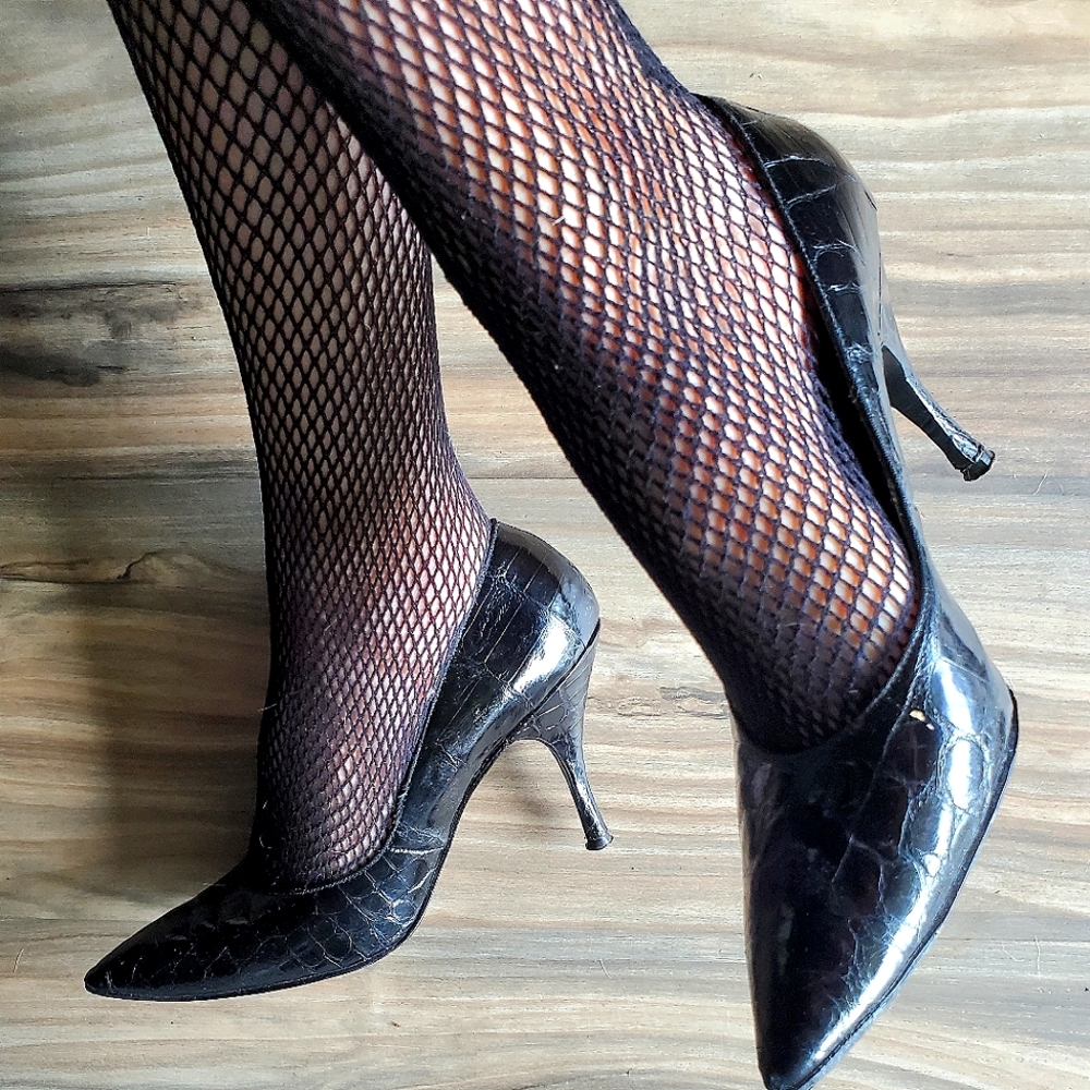 1950s black leather faux croc heels shoes 6.5 7